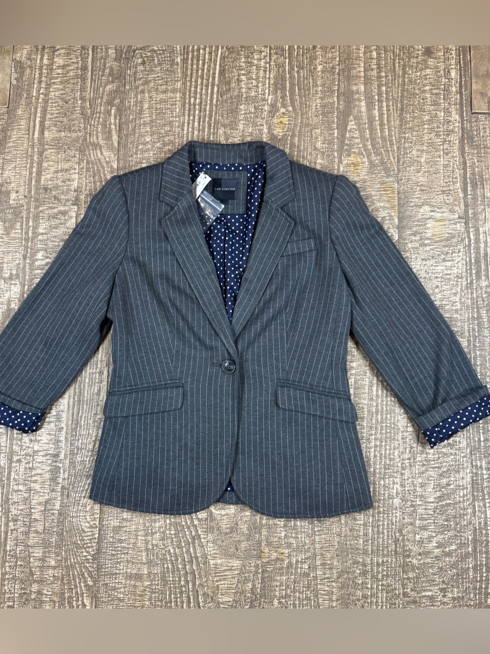 NWT The Limited  Women's Gray Pinstripe Blazer - Navy Polka Dot Lining